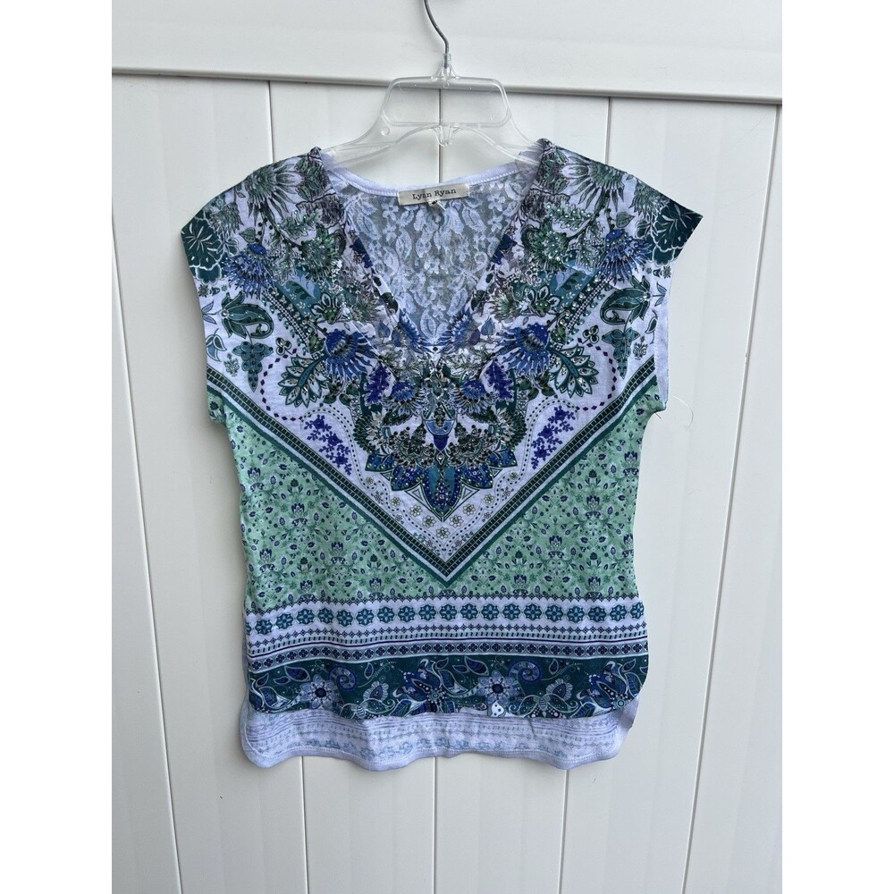 Lynn Ryan Womens Floral Multicolor Top Embellished Cap Sleeve V Neck Sz PM